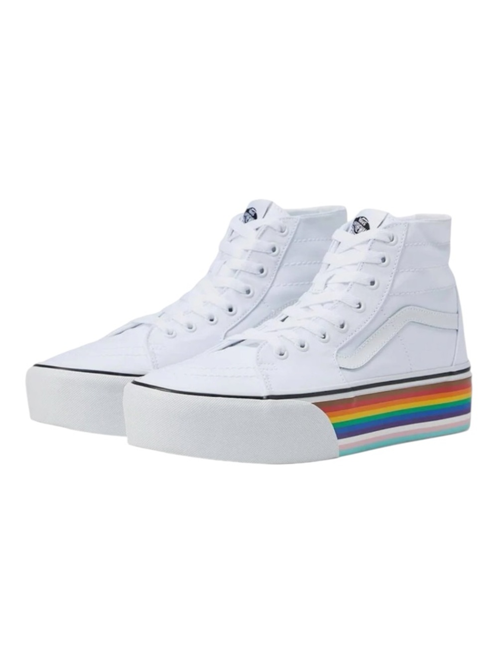 Vans White High-Top Platform Sneakers with Rainbow Stripe Sole